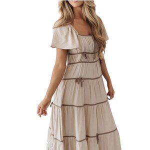 Storia Milkmaid Midi Dress‎ Sz Large Whimsy Tiered Babydoll Bow Romantic Brown